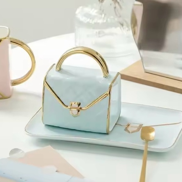 Light Blue Quilted Ceramic Purse Coffee Mug & Dish - Picture 3 of 7